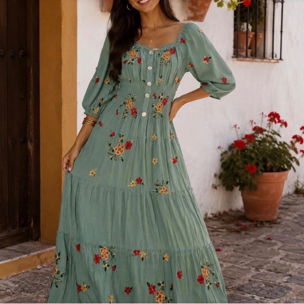 Fig & Flower Anthropologie Women's L Embroidered Floral Boho Maxi Dress Green